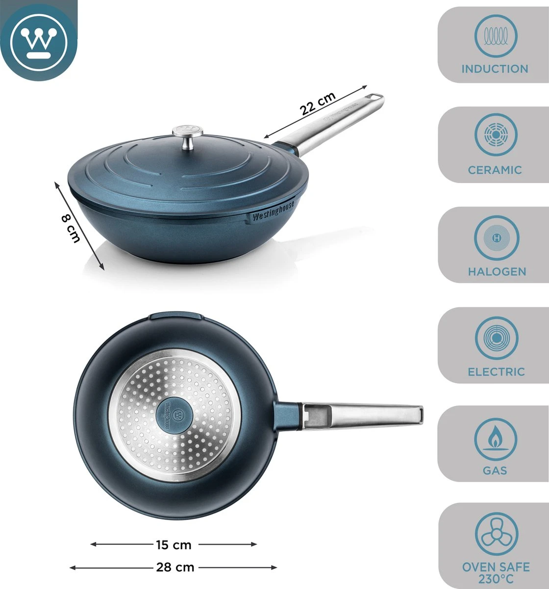 Westinghouse Performance Series - Wokpan Inductie - 28cm Luxe Wok Met Deksel - Blauw - Geschikt Voor Alle Warmtebronnen 6 Westinghouse Performance Series - Wokpan Inductie - 28cm Luxe Wok Met Deksel - Blauw - Geschikt Voor Alle Warmtebronnen - Afbeelding 5