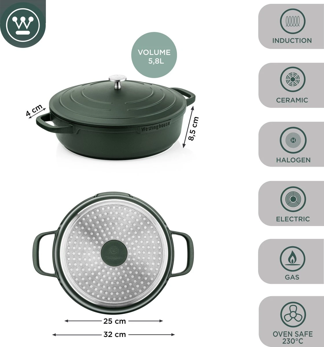 Westinghouse Performance Series - Hapjespan Inductie Met Deksel - 32cm Sauteerpan - Oven Geschikt - Groen 6 Westinghouse Performance Series - Hapjespan Inductie Met Deksel - 32cm Sauteerpan - Oven Geschikt - Groen - Afbeelding 4