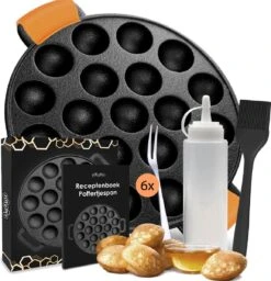 Bestsellers 1 Ocina Poffertjespan – Combo Pack – 19 Poffertjes – Poffertjesmaker – Poffertjespan Inductie – Poffertjespan Electrisch – Gietijzeren Pan - Inclusief Doseerfles, Handvaten, 6x Poffertjesvorken En Invetkwast – Gratis Receptenboek