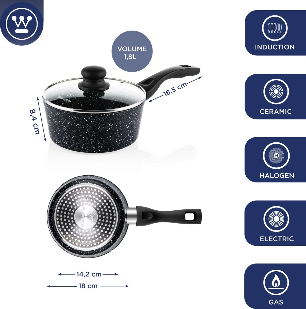 Westinghouse Steelpan Inductie - Ø 18 Cm - Zwart Marmer - Met Deksel - Sauspan 6 Westinghouse Steelpan Inductie - Ø 18 Cm - Zwart Marmer - Met Deksel - Sauspan - Afbeelding 4