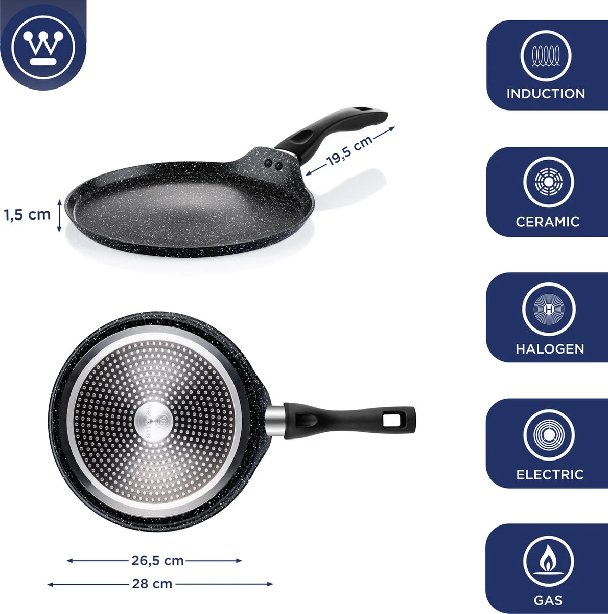 Westinghouse Black Marble - Pannenkoekenpan Inductie - Ø 28 Cm - Zwart Marmer 4 Westinghouse Black Marble - Pannenkoekenpan Inductie - Ø 28 Cm - Zwart Marmer - Afbeelding 2