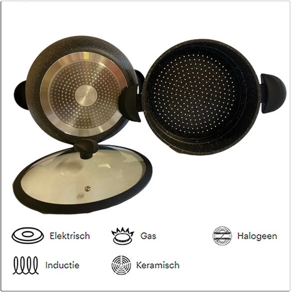 Royal Swiss Couscouspan - Couscoussier - Stoompan - 8L - Alle Warmtebronnen - Aluminium Stone-coated - Glazen Deksel - ZWART 4 Royal Swiss Couscouspan - Couscoussier - Stoompan - 8L - Alle Warmtebronnen - Aluminium Stone-coated - Glazen Deksel - ZWART - Afbeelding 2