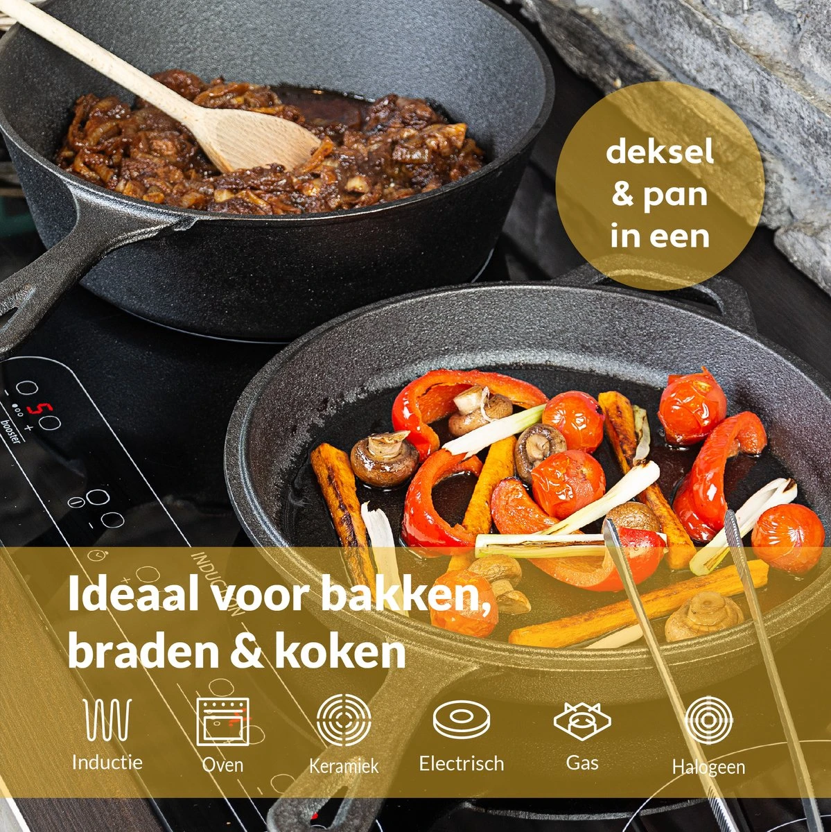 Chefarone Gietijzeren Pan - 2-in-1 Braadpan Inclusief Deksel - Geschikt Voor Alle Warmtebronnen 8 Chefarone Gietijzeren Pan - 2-in-1 Braadpan Inclusief Deksel - Geschikt Voor Alle Warmtebronnen - Afbeelding 6