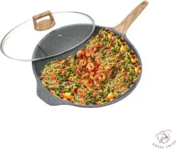 Royal Swiss Marble Coating Wokpan - Met Glazen Deksel - Imitatie Houten Handvat - 32 Cm