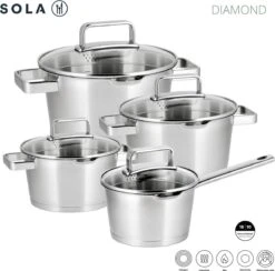 Sola Pannenset Diamond - 4 Delig - Ø 16,16,18,20 Cm - Zilver - RVS - Sandwichbodem 21 Sola Pannenset Diamond - 4 Delig - Ø 16,16,18,20 Cm - Zilver - RVS - Sandwichbodem -Kookgerei Korting Winkel 1200x1183