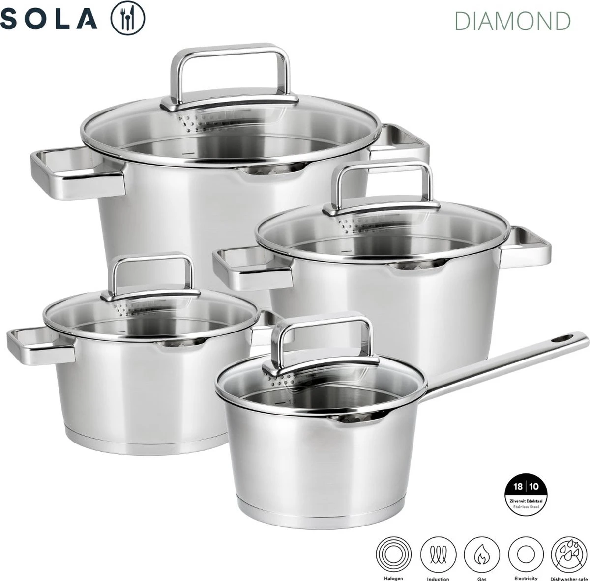 Sola Pannenset Diamond - 4 Delig - Ø 16,16,18,20 Cm - Zilver - RVS - Sandwichbodem 11 Sola Pannenset Diamond - 4 Delig - Ø 16,16,18,20 Cm - Zilver - RVS - Sandwichbodem - Afbeelding 9