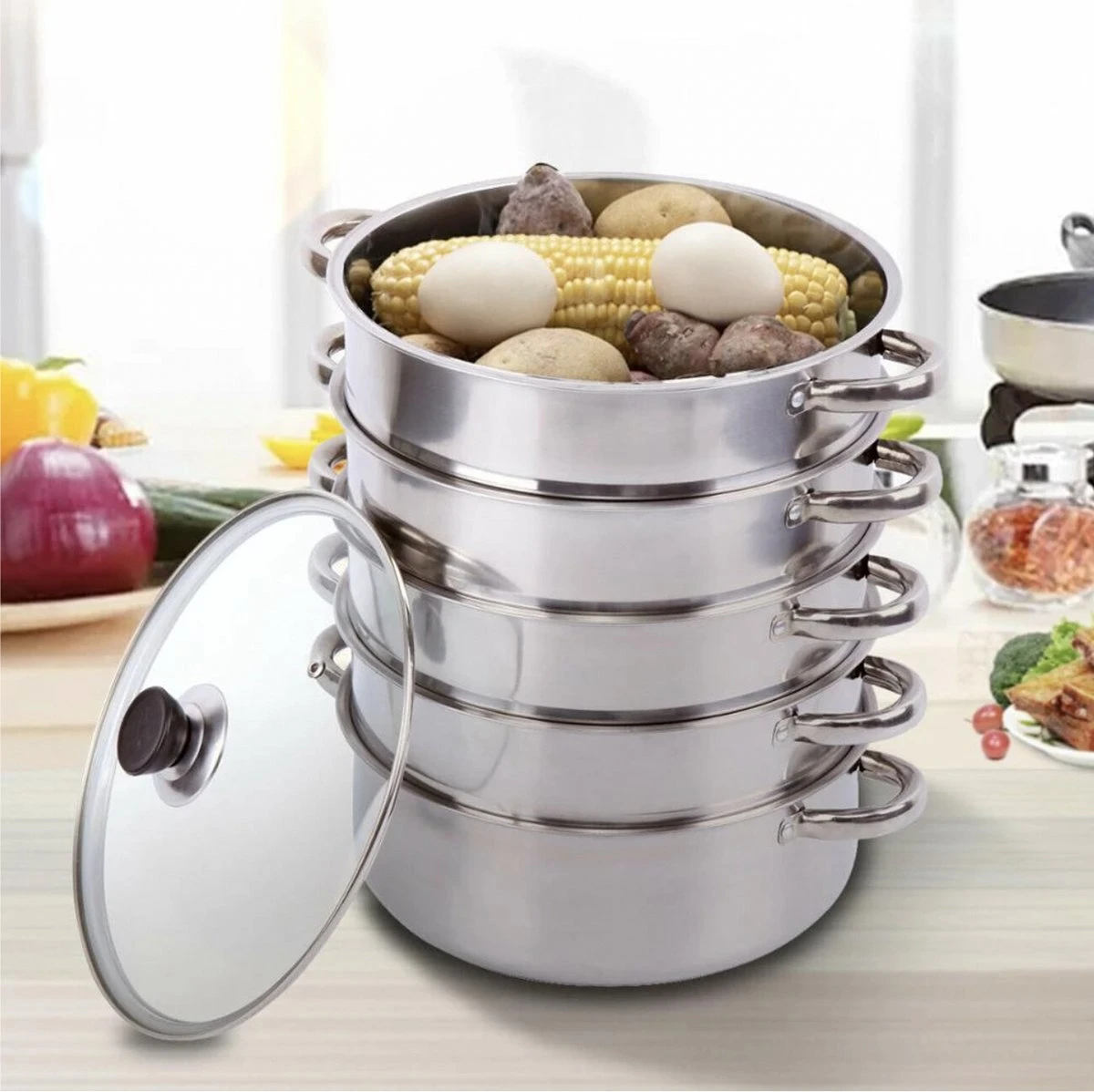 Service96 - Stoompan - 5 Lagen - Roestvrij Staal - Dikke Stoompan - Soeppan - Universele Kookpotten - Voor Inductiekookplaat, Gasfornuis - Kookgerei 6 Service96 - Stoompan - 5 Lagen - Roestvrij Staal - Dikke Stoompan - Soeppan - Universele Kookpotten - Voor Inductiekookplaat, Gasfornuis - Kookgerei - Afbeelding 4