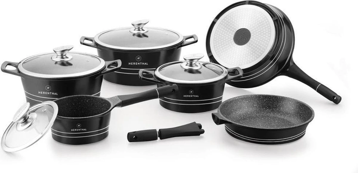 Herenthal Luxe Pannenset - 14-delig - Glazen Deksel - Inductie - Marmeren Coating - PFAS-vrij - Zwart - ES1014M 3 Herenthal Luxe Pannenset - 14-delig - Glazen Deksel - Inductie - Marmeren Coating - PFAS-vrij - Zwart - ES1014M
