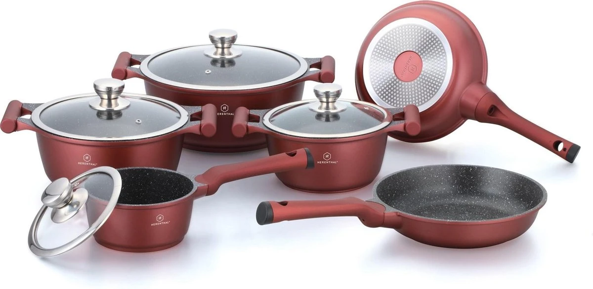 Herenthal Pannenset Inductie - Luxe 10-delige Koekenpan Inductie - Voor Alle Warmtebronnen - Pannen Met Glazen Deksels En Koudgrepen - Burgundy 3 Herenthal Pannenset Inductie - Luxe 10-delige Koekenpan Inductie - Voor Alle Warmtebronnen - Pannen Met Glazen Deksels En Koudgrepen - Burgundy