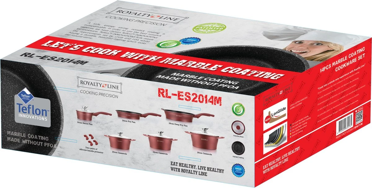 Royalty Line - Set Lot 14-delige Pannenset Inductie - Glazen Deksel - Met Afneembare Handgreep - Marmeren Interieur -PFAS-vrij - Roze Kleur 4 Royalty Line - Set Lot 14-delige Pannenset Inductie - Glazen Deksel - Met Afneembare Handgreep - Marmeren Interieur -PFAS-vrij - Roze Kleur - Afbeelding 2