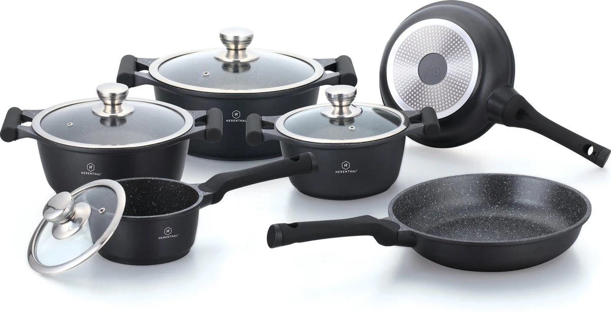 Herenthal Inductie Pannenset - Luxe 10-delige Koekenpanset - Voor Alle Warmtebronnen - Met Glazen Deksels En Koudgrepen - Zwart 3 Herenthal Inductie Pannenset - Luxe 10-delige Koekenpanset - Voor Alle Warmtebronnen - Met Glazen Deksels En Koudgrepen - Zwart