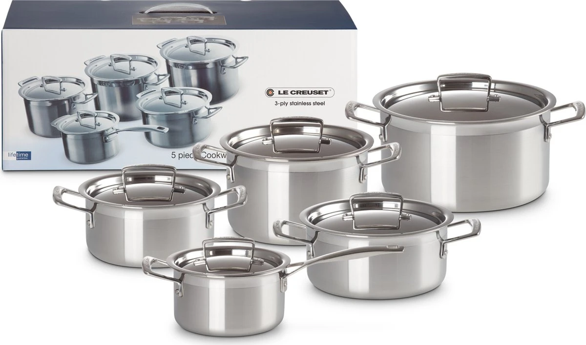 Le Creuset RVS Kookpan 18cm / 20cm / 24cm + Lage Kookpan 20cm + Steelpan 16cm 3 Le Creuset RVS Kookpan 18cm / 20cm / 24cm + Lage Kookpan 20cm + Steelpan 16cm