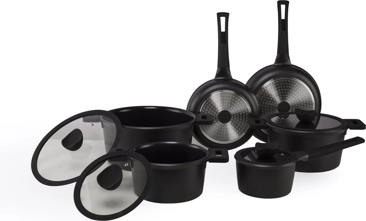 The White Series - Keramische Pannenset Met Glazen Deksels - Inclusief Set Vershoudbakjes - Zwart 3 The White Series - Keramische Pannenset Met Glazen Deksels - Inclusief Set Vershoudbakjes - Zwart