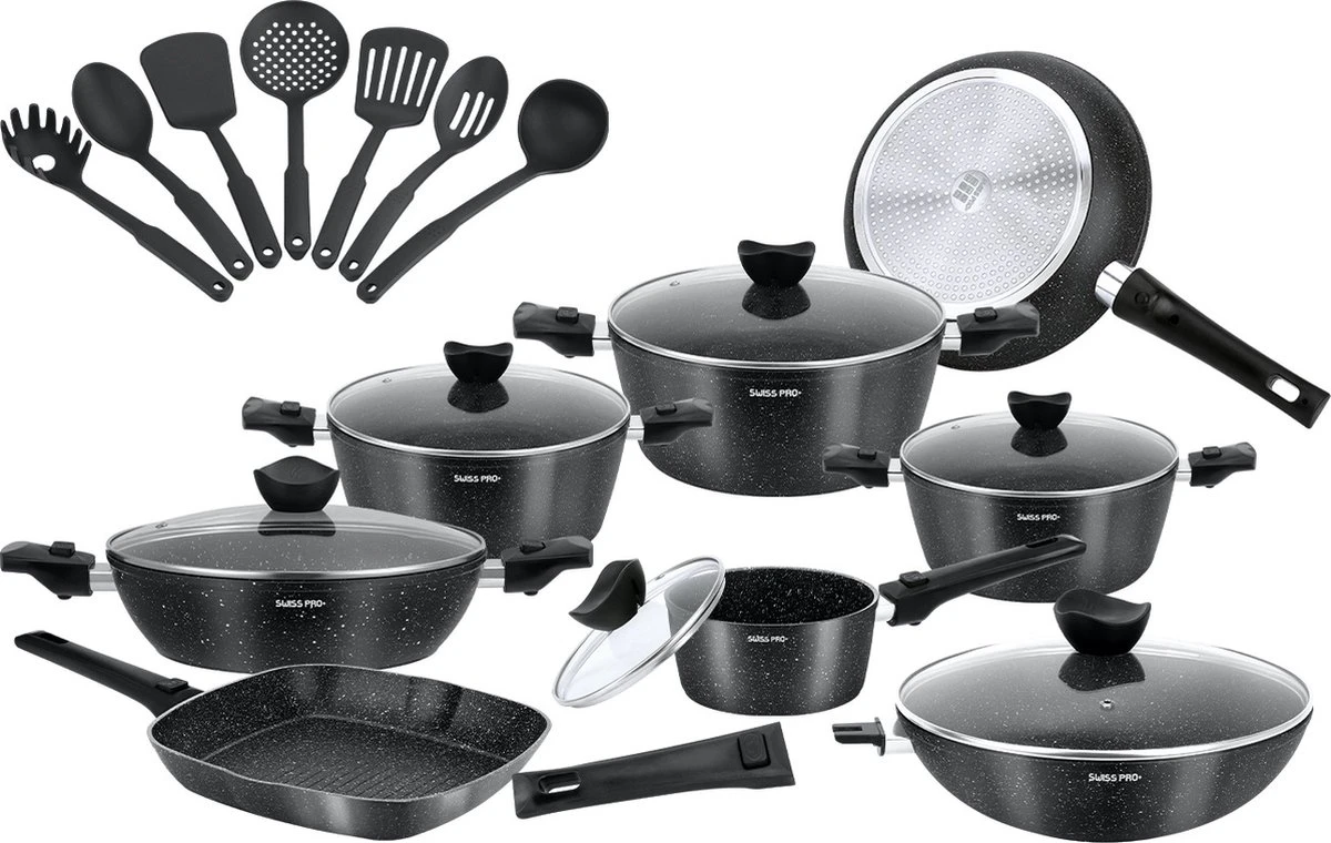 Royal Swiss® - 33-delige Pannenset Inductie - Pannensets - Afneembare Handgreep - Glazen Deksel - Geschikt Voor Oven - PFAS-vrij 3 Royal Swiss® - 33-delige Pannenset Inductie - Pannensets - Afneembare Handgreep - Glazen Deksel - Geschikt Voor Oven - PFAS-vrij