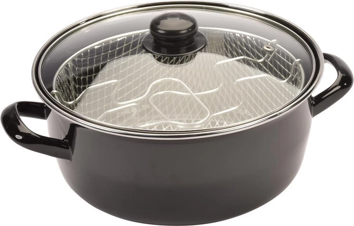 Frituurpan Emaille Met Glazen Deksel En Korf - Ø 26cm - Zwart 4 Frituurpan Emaille Met Glazen Deksel En Korf - Ø 26cm - Zwart - Afbeelding 2