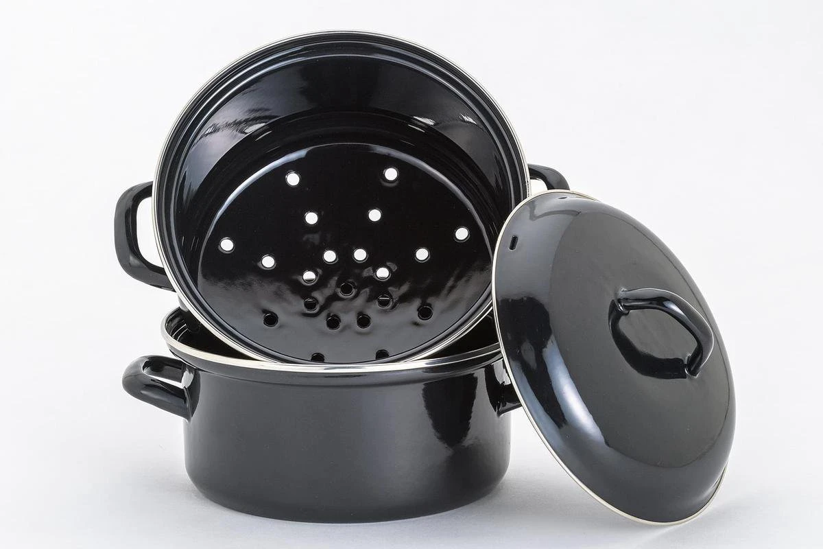 Lite-Body - Magnus Stoompan Aardappelkoker 22 Cm - 3 Delig - Emaille - Zwart 4 Lite-Body - Magnus Stoompan Aardappelkoker 22 Cm - 3 Delig - Emaille - Zwart - Afbeelding 2