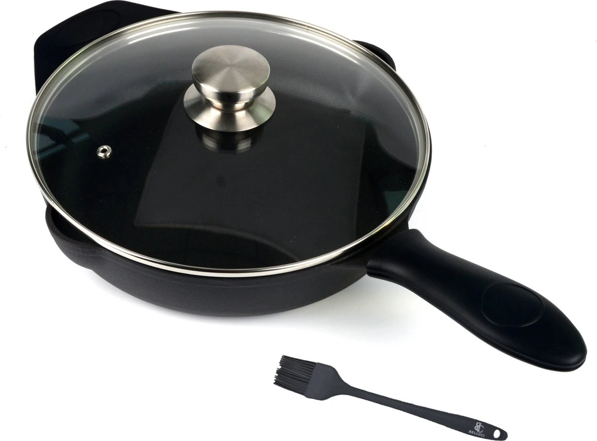 Belluci - Ø26cm - Koekenpan - Skillet + Deksel Geëmailleerde Gietijzeren Pan Voor BBQ En Inductie Incl. Accessoires - Hapjespan - Braadpan 3 Belluci - Ø26cm - Koekenpan - Skillet + Deksel Geëmailleerde Gietijzeren Pan Voor BBQ En Inductie Incl. Accessoires - Hapjespan - Braadpan