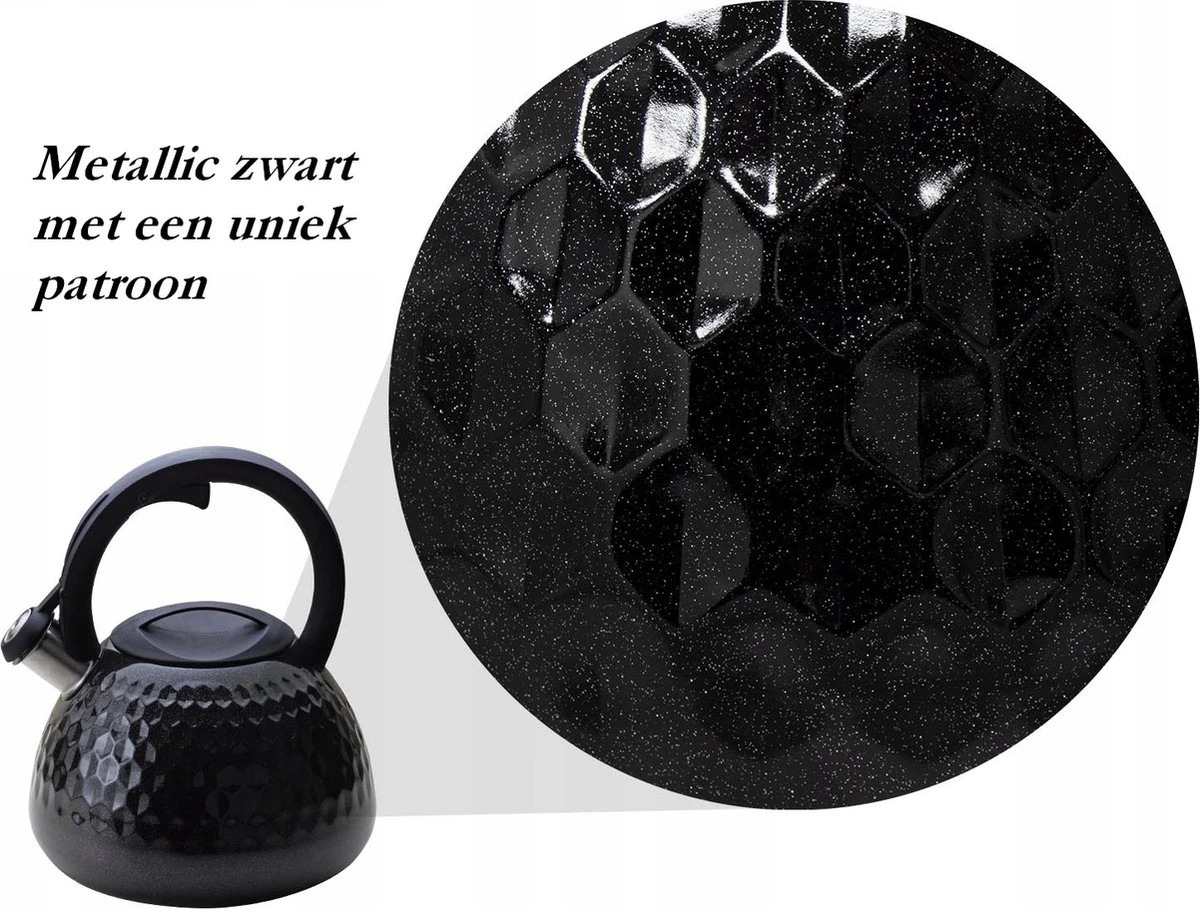Meyerhoff Fluitketel RVS Metallic Zwart 2.7 Liter - Geschikt Voor Alle Warmtebronnen Ook Inductie - Ruitpatroon - Uniek Design - Koel Blijvend Handvat 4 Meyerhoff Fluitketel RVS Metallic Zwart 2.7 Liter - Geschikt Voor Alle Warmtebronnen Ook Inductie - Ruitpatroon - Uniek Design - Koel Blijvend Handvat - Afbeelding 2