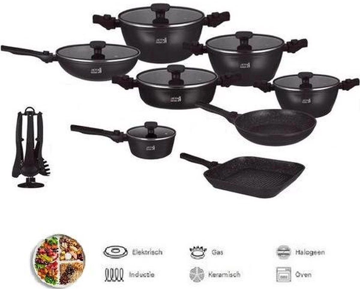 Swiss Homes® | 33 - Delige Steengoeden Pannenset | Afneembare Handgrepen, 6 Potten + 2 Pannen + Pollepelbodem + 2 Pollepels + 6 Deksels + 12 Handgrepen + Accessoire. - | PFAS-Vrij | Zwart 3 Swiss Homes® | 33 - Delige Steengoeden Pannenset | Afneembare Handgrepen, 6 Potten + 2 Pannen + Pollepelbodem + 2 Pollepels + 6 Deksels + 12 Handgrepen + Accessoire. - | PFAS-Vrij | Zwart